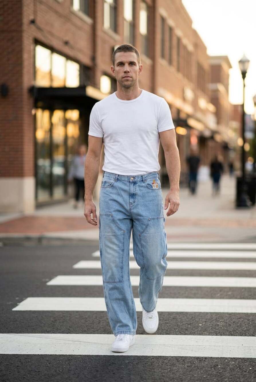 Vintage Dart Style Loose Fit Double Knee Carpenter Jeans with Embroidered Cigare